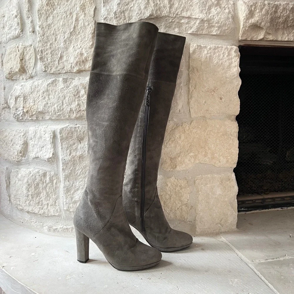 Duo Grey Suede Knee‎ High Heeled Boots Size EU 36B